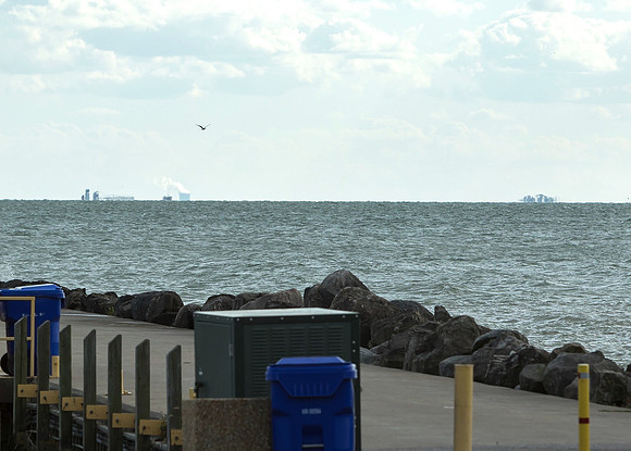 Colechester Pier north shore lake Erie looking south to Davis Besse Nuclear plant standing 7Ft abo 2